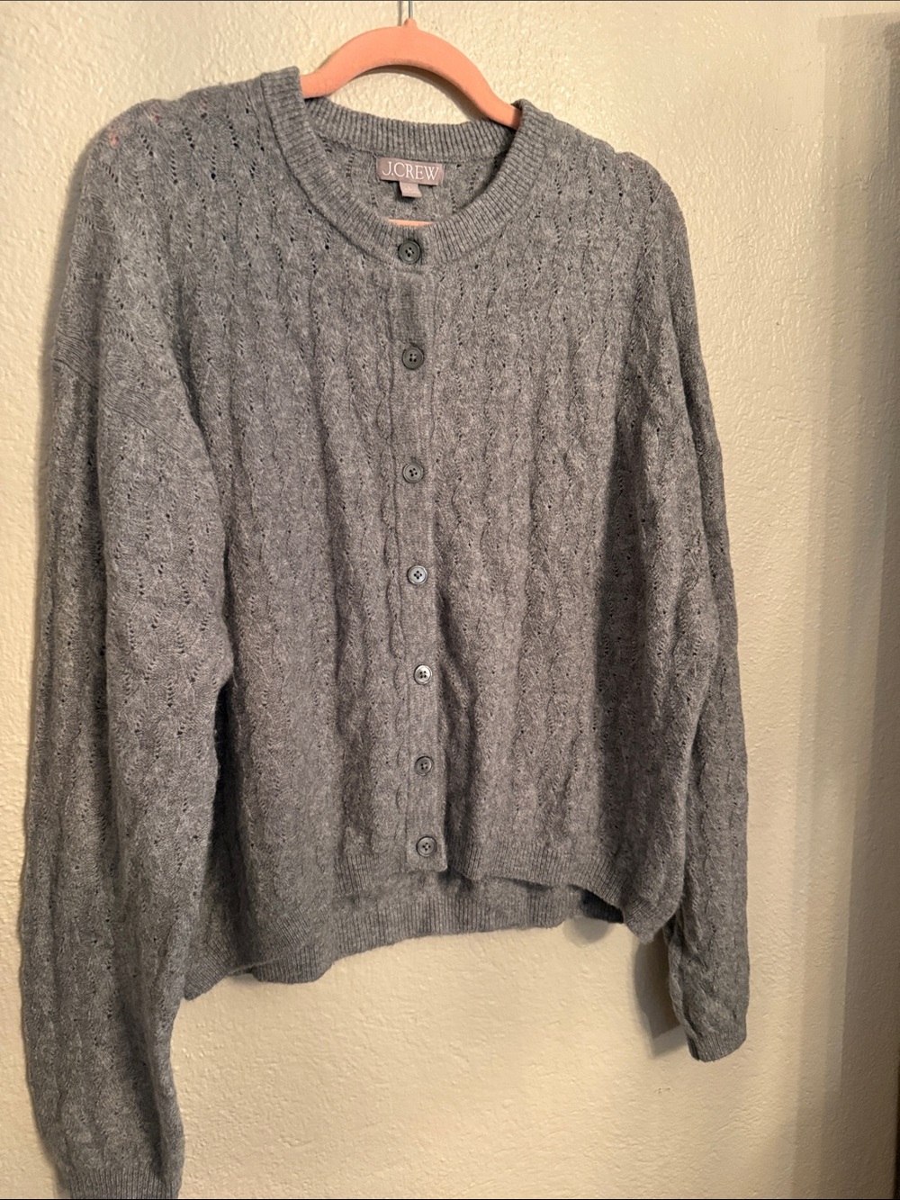 J. Crew Heather Gray Cable Knit Button-Up Open Stitch Cardigan